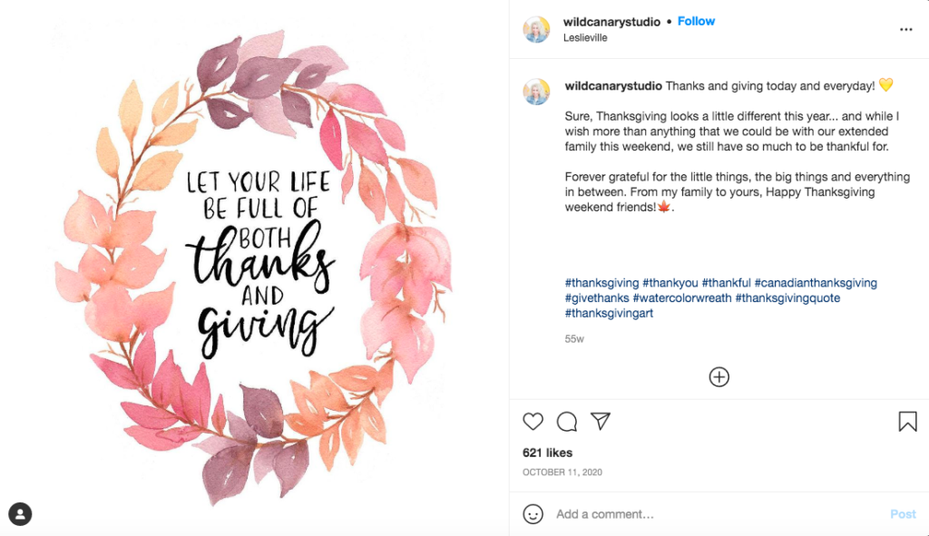 Instagram post from @wildcanarystudio, featuring a Thanksgiving quote: "Let yourself be full of both thanks and giving."