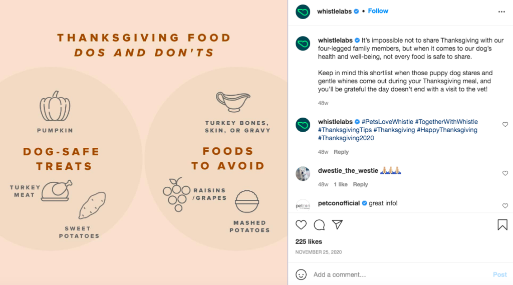 Instagram post from @whistlelabs about Thanksgiving Do's and Don'ts for Pet Owners