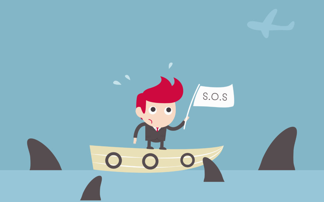 Cartoon of stressed out red headed man in a dingy holding a S.O.S. flag surrounded by sharks in water.