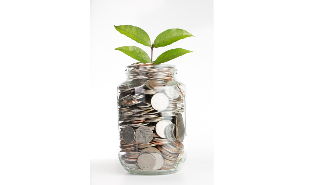 Glass jar filled with coins and a green plant growing out of the top of the jar.