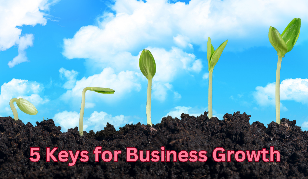 Image of 5 seedlings at 5 different growth points from soil with blue sky & clouds in background and the words, "5 Keys for Business Growth," over the soil.