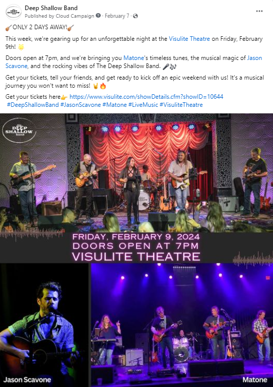 Social Media post for The Deep Shallow Band showing images of them playing on stage