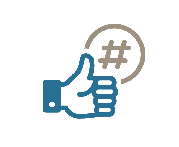 A thumbs up icon with a hashtag above it