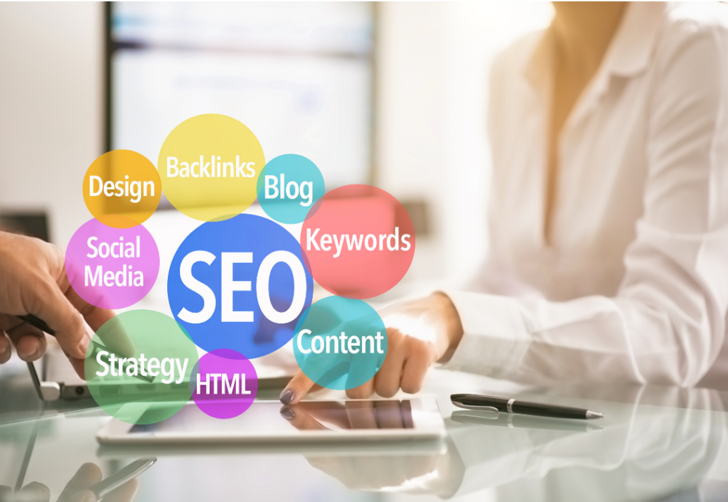 an image of the acronym SEO surrounded by correlating nouns 