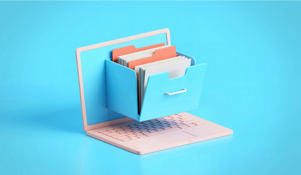 an image of a filing cabinet coming out of a laptop screen, representing organization as an important business system