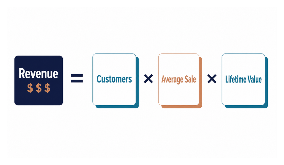 Revenue equals customers multiplied by average sale multiplied by lifetime value.
